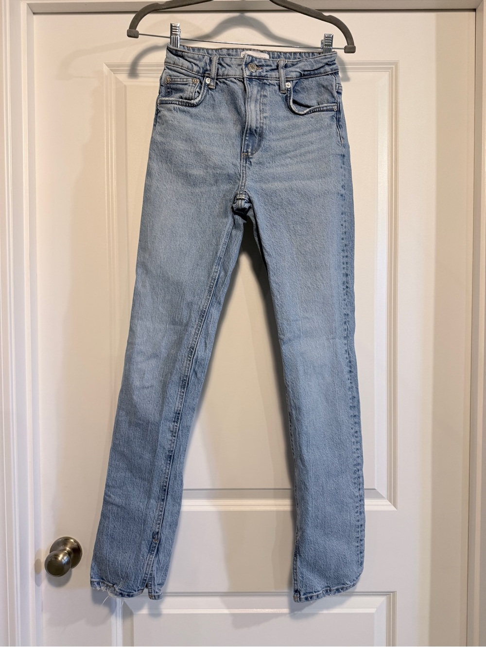 Zara Light Wash High Rise Split Hem Straight Leg Jeans 2